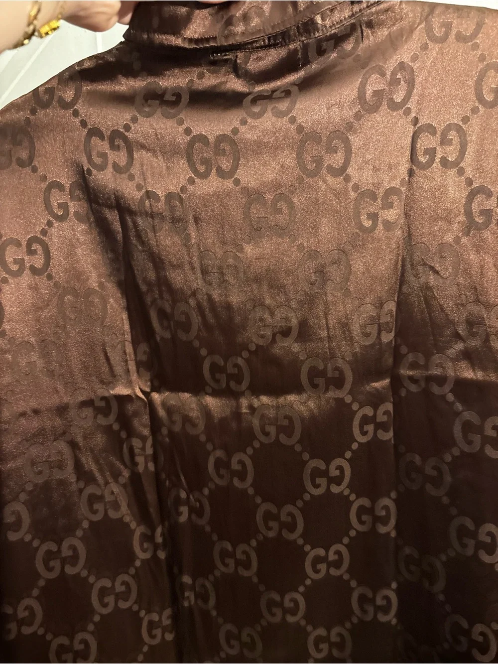 New Fashion Brown Satin Logo-Print Button-Down Shirt